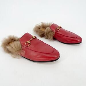 Gucci Red Leather Fur Lined Princetown Horsebit Mule Slipper Flat Loafer EU 37